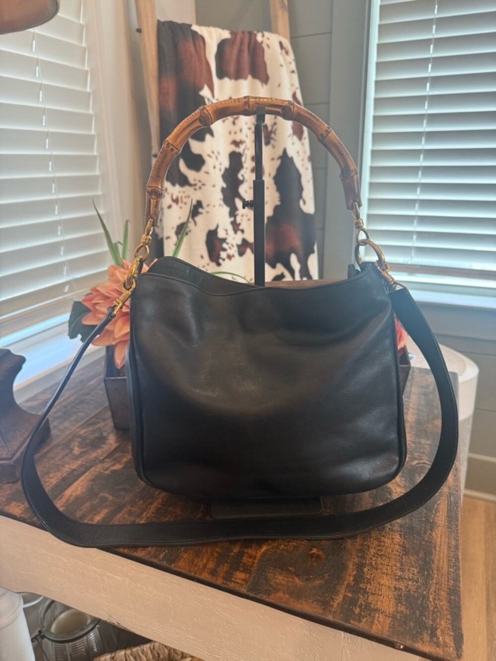 Black Authentic Gucci Leather 2-Way Bamboo Bag w/COA